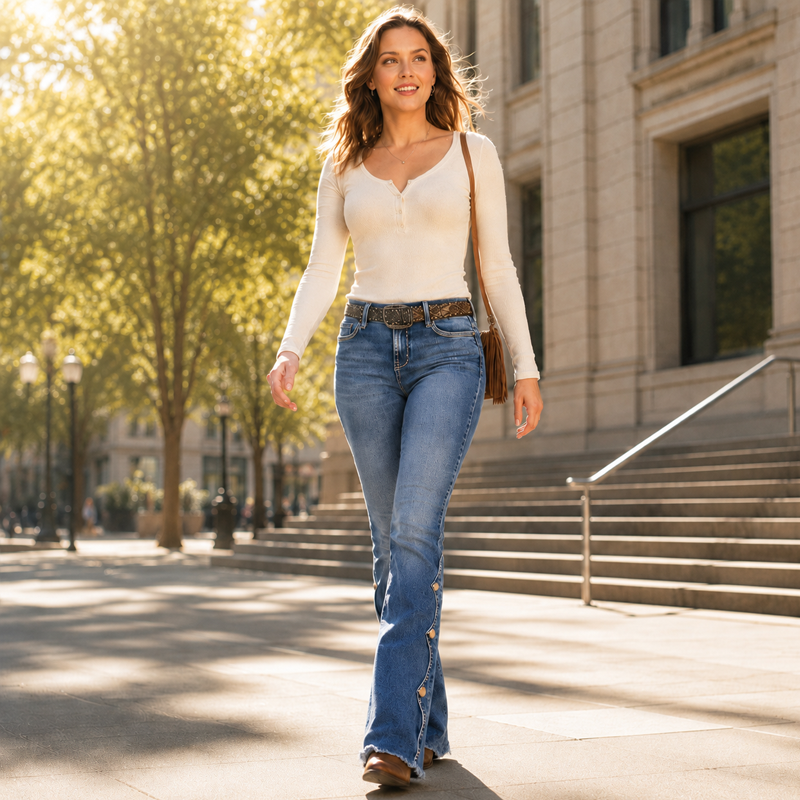 Jean en denim évasé extensible taille haute avec ourlet à franges brutes