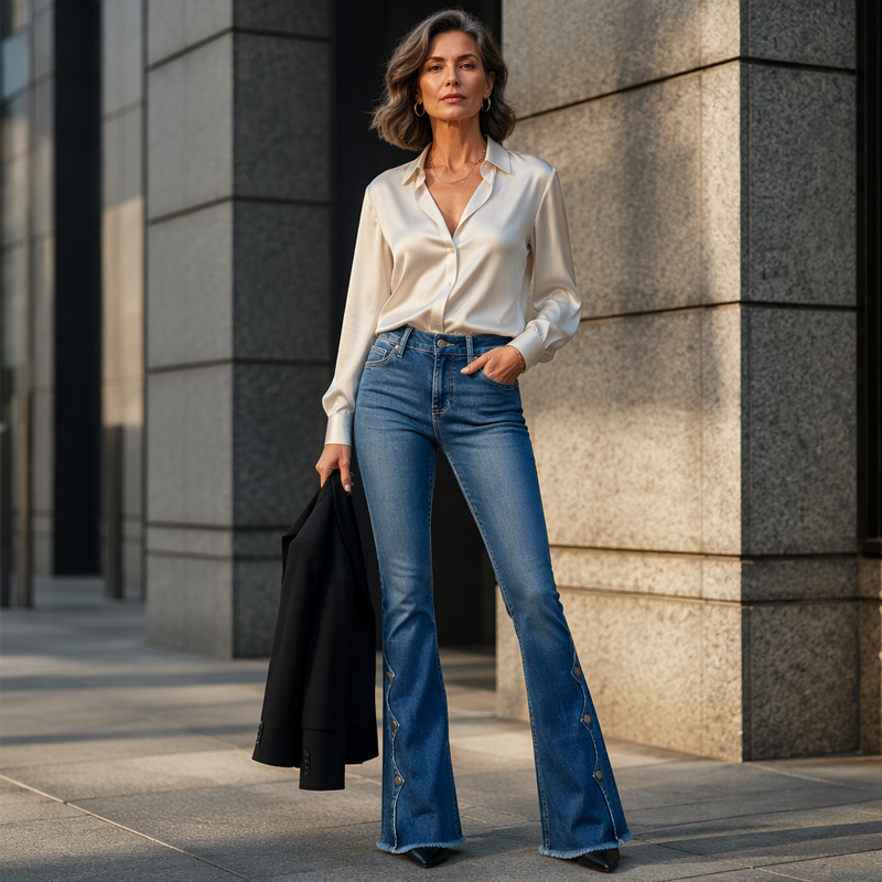 Jean en denim évasé extensible taille haute avec ourlet à franges brutes
