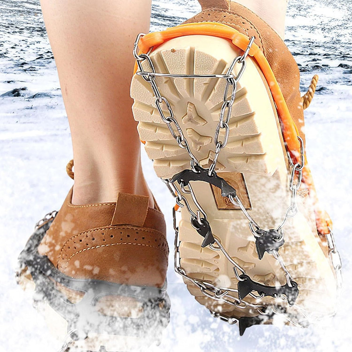Ice Cleats with Chains & 16 Steel Spikes - Anti-Slip Shoe Grips