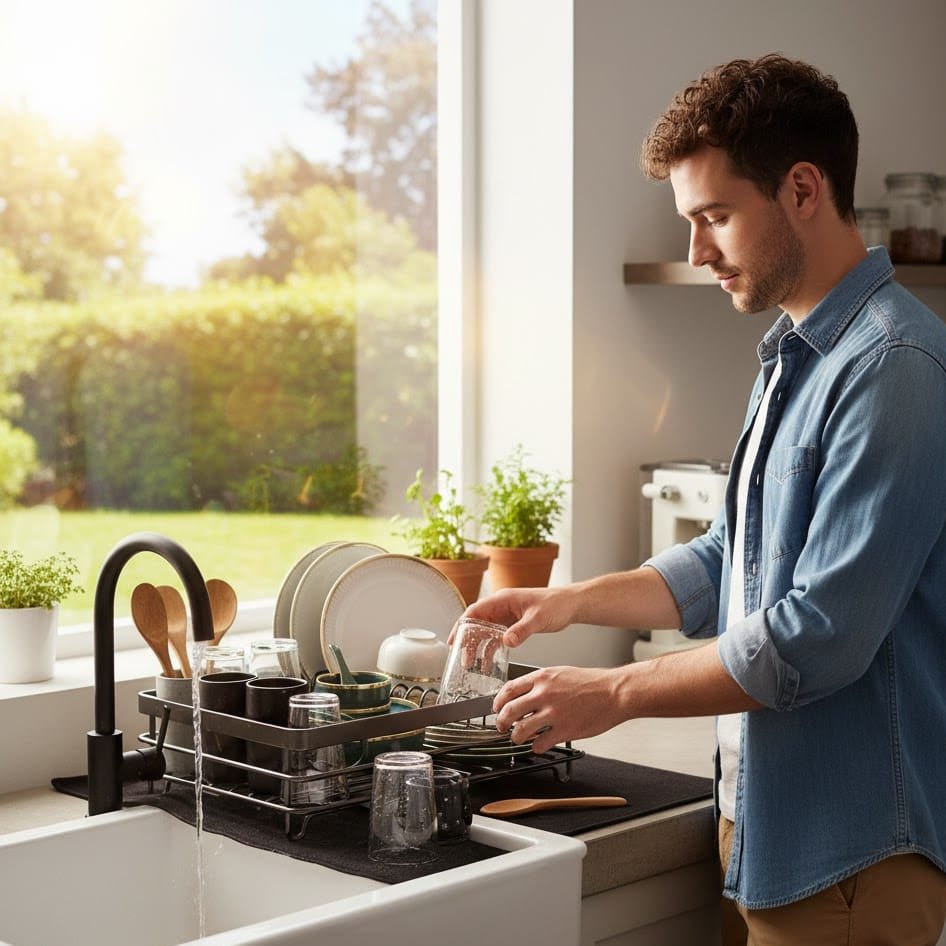 KITCHENFORM – Foldable stainless steel dish rack, space-saving design for modern kitchens