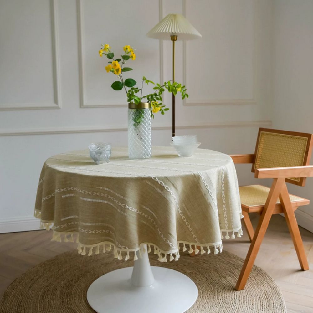 Leaf Embroidered Round Tablecloth