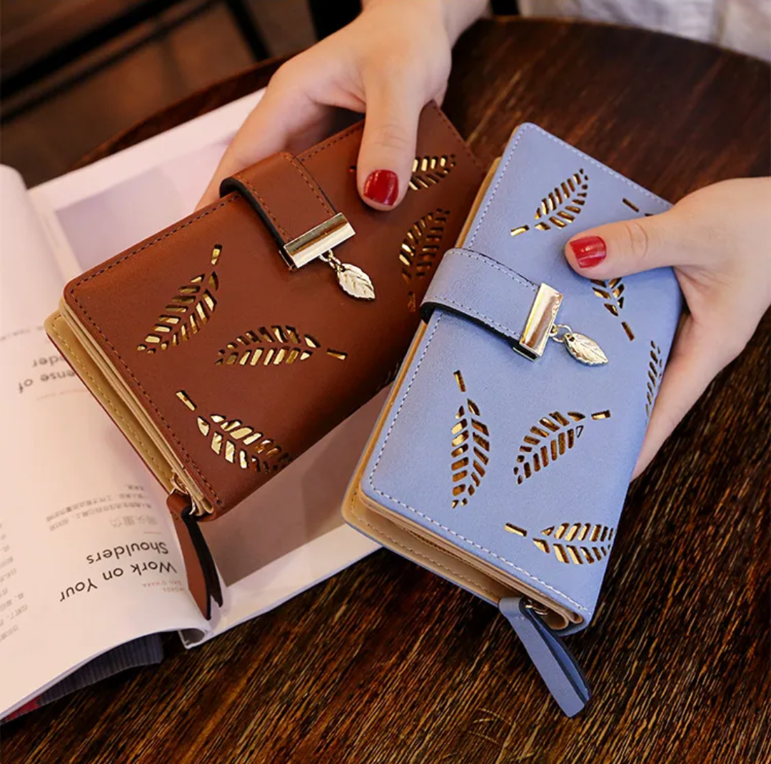 Leather Wallet with Golden Leaves