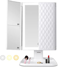 LED Makeup Mirror with Adjustable Magnification and Stylish Storage Tray