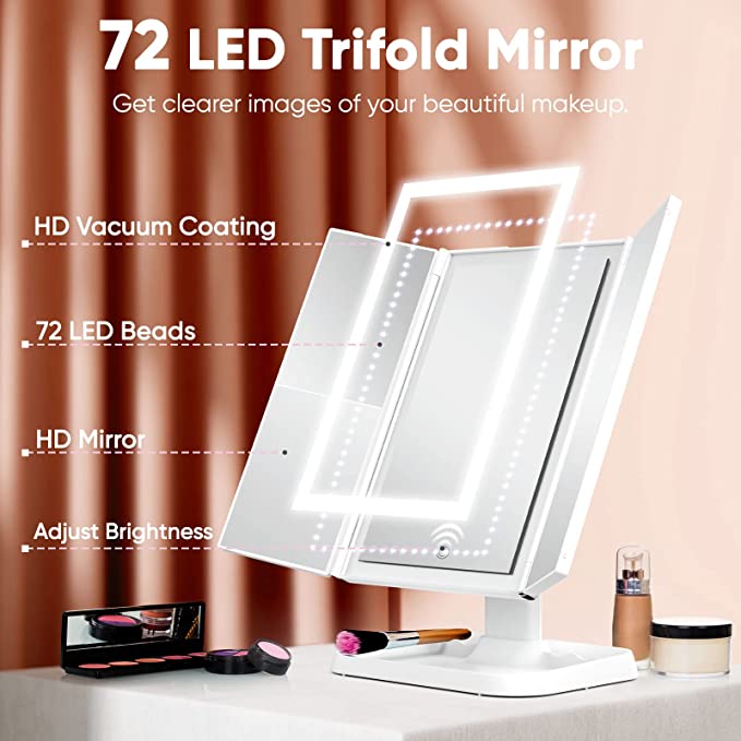 LED Makeup Mirror with Adjustable Magnification and Stylish Storage Tray