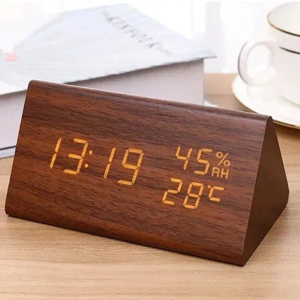 LED Wood-Look Alarm Clock with 3 Alarms, Temperature Display and Adjustable Brightness