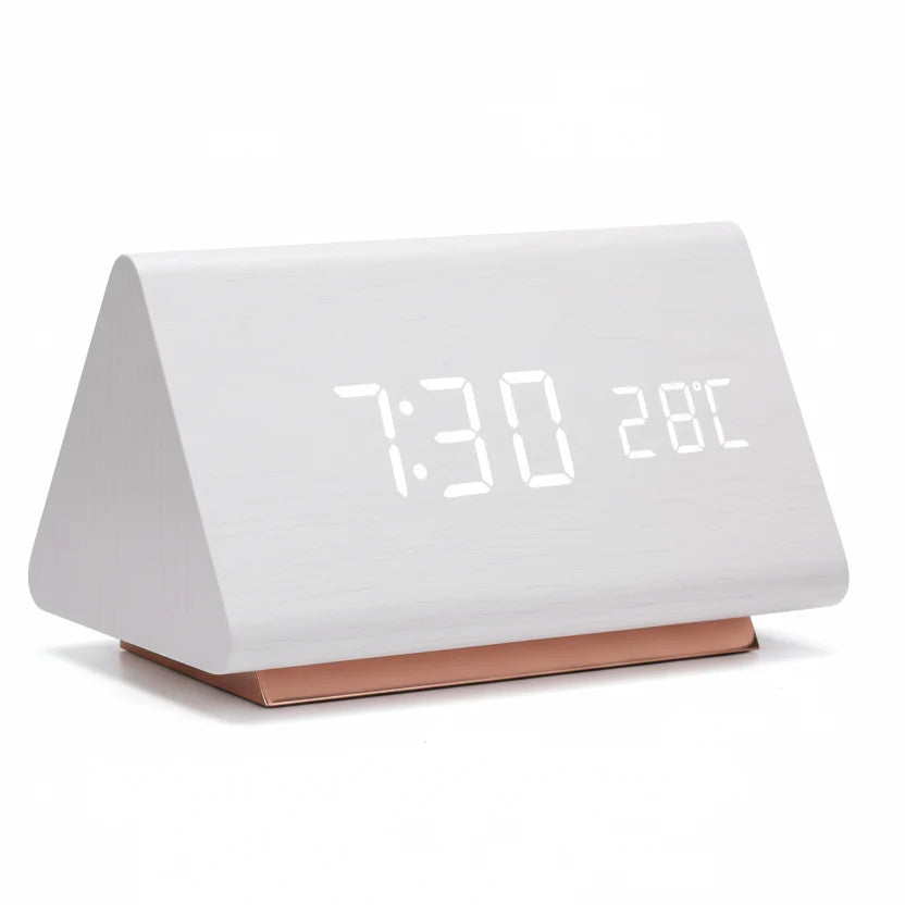 LED Wood-Look Alarm Clock with 3 Alarms, Temperature Display and Adjustable Brightness