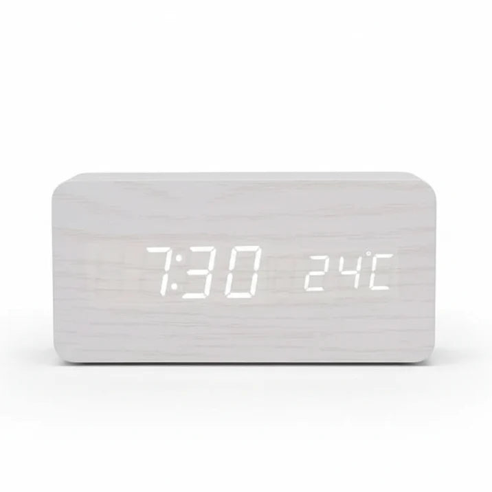 LED Wood-Look Alarm Clock with 3 Alarms, Temperature Display and Adjustable Brightness