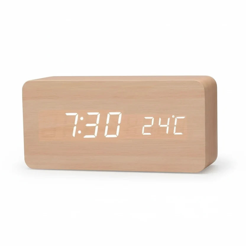 LED Wood-Look Alarm Clock with 3 Alarms, Temperature Display and Adjustable Brightness