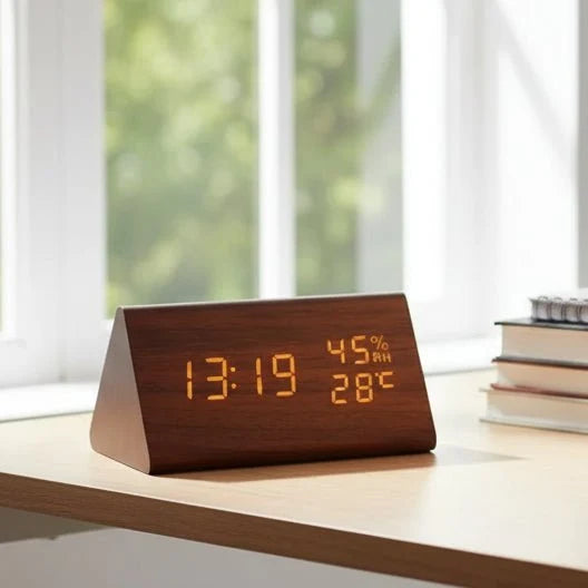 LED Wood-Look Alarm Clock with 3 Alarms, Temperature Display and Adjustable Brightness