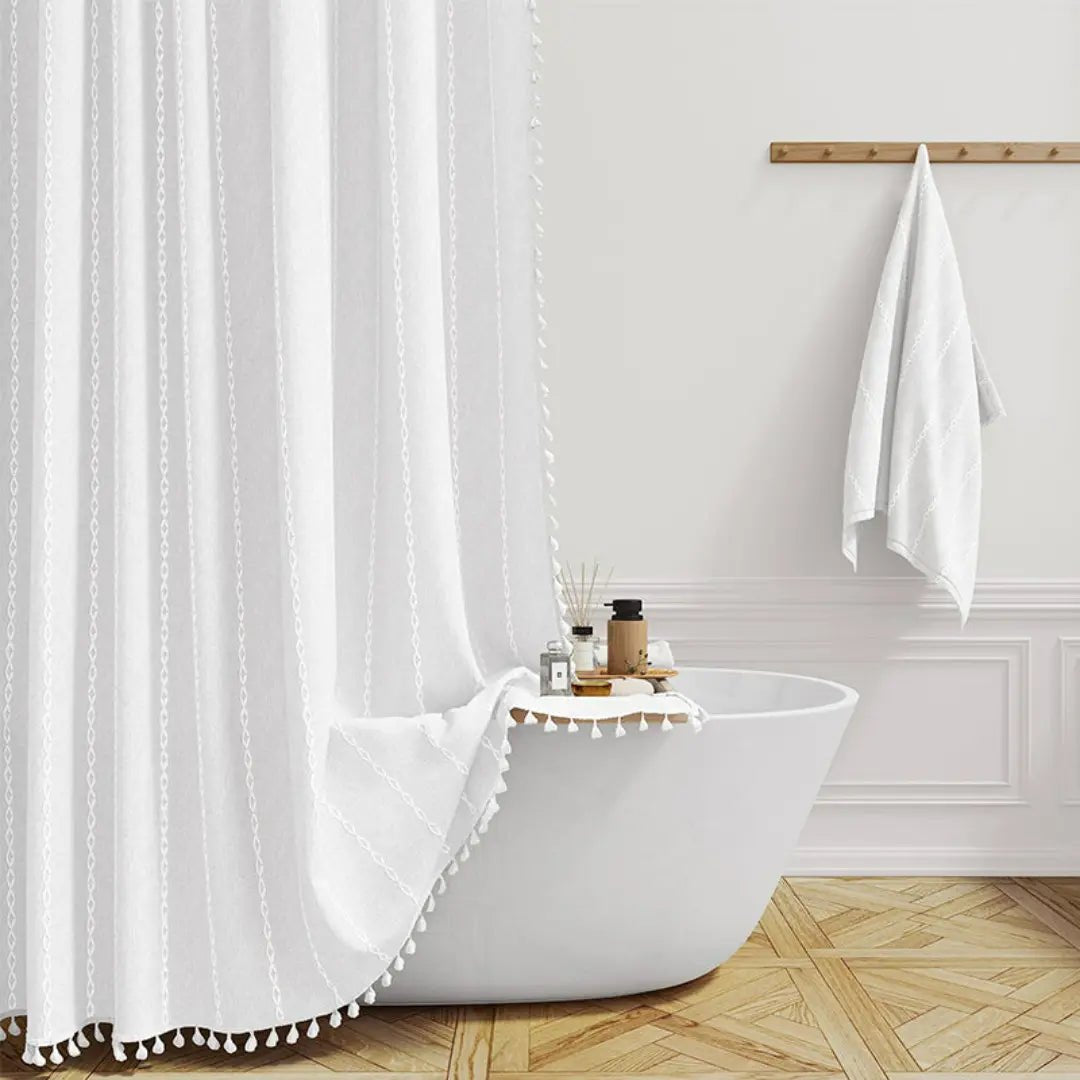 LINENCOVE – Bohemian linen shower curtain with tassels & waterproof design