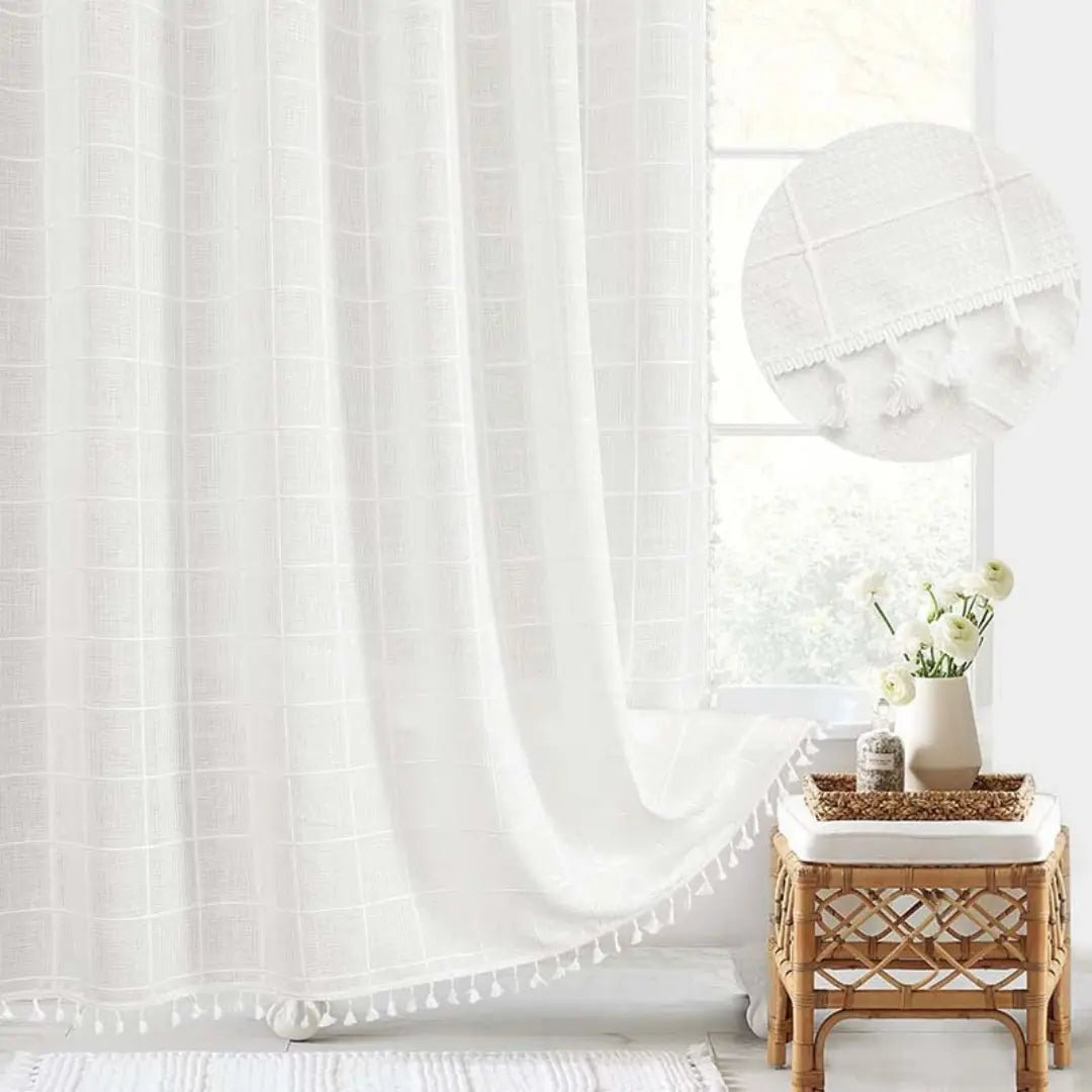 LINENCOVE – Bohemian linen shower curtain with tassels & waterproof design