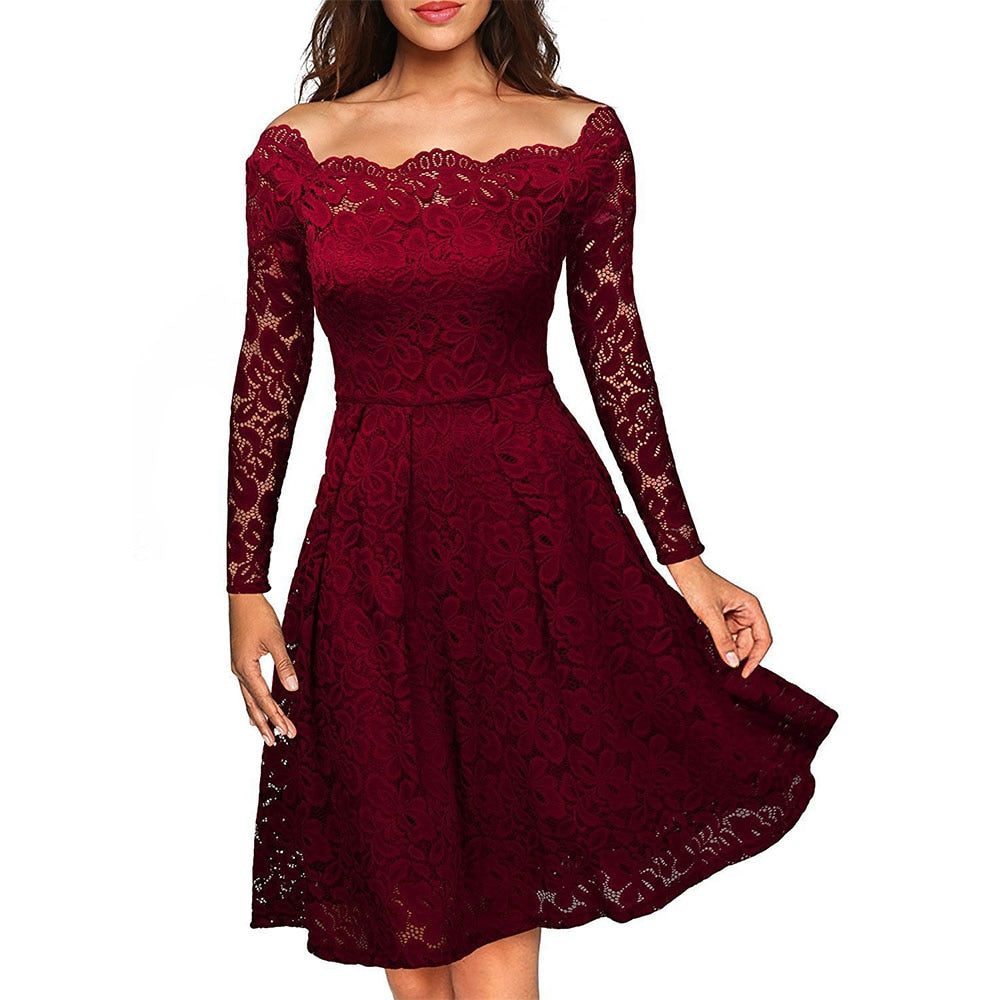 Long Sleeve Slash Neck Lace Dress
