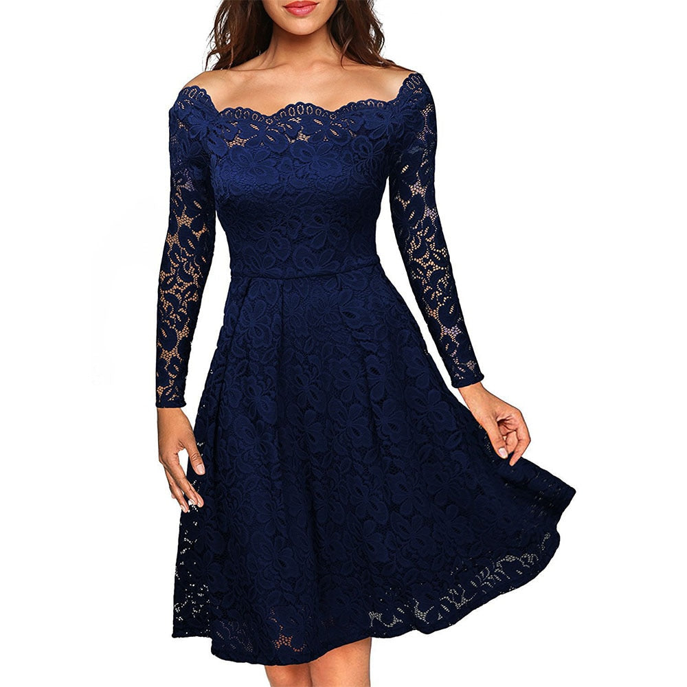 Long Sleeve Slash Neck Lace Dress