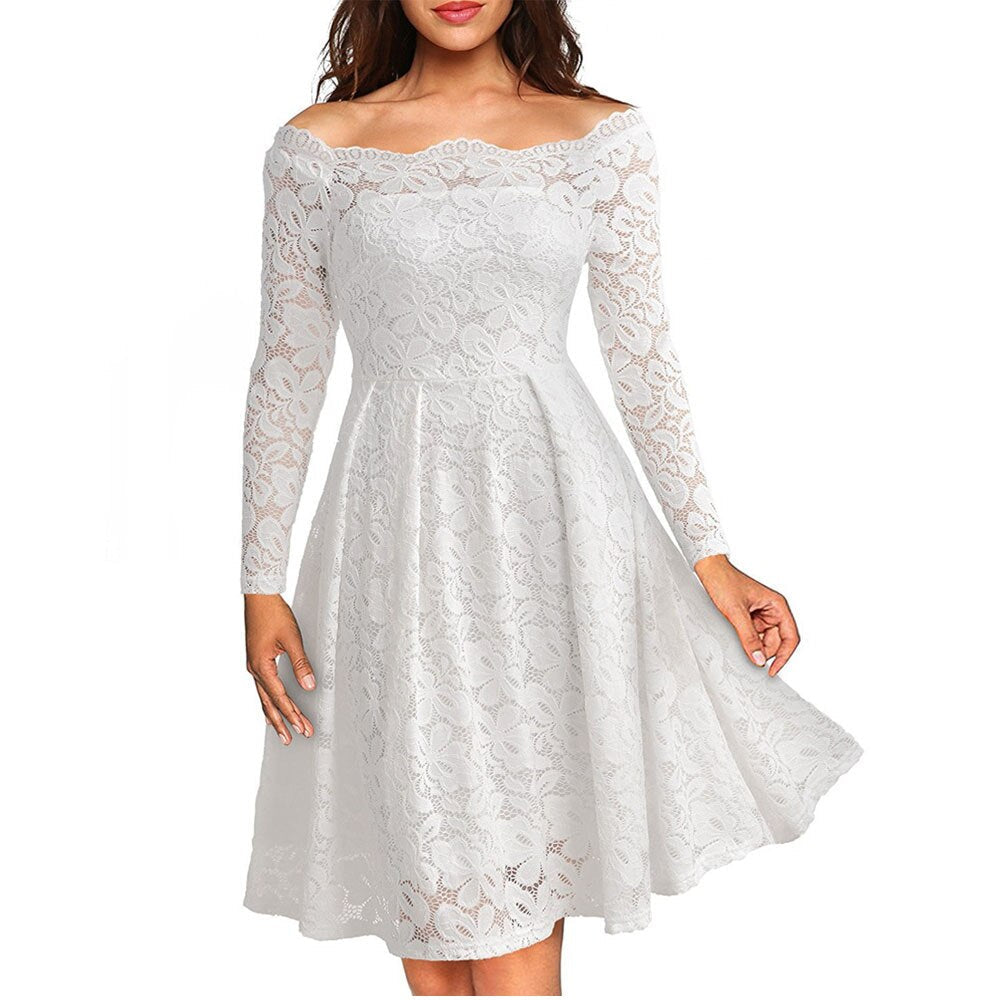 Long Sleeve Slash Neck Lace Dress