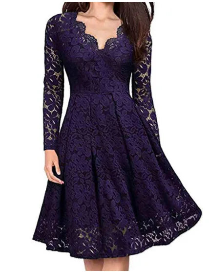 Long Sleeve Slash Neck Lace Dress - Image 4