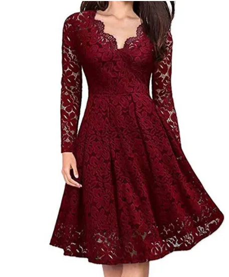Long Sleeve Slash Neck Lace Dress - Image 5