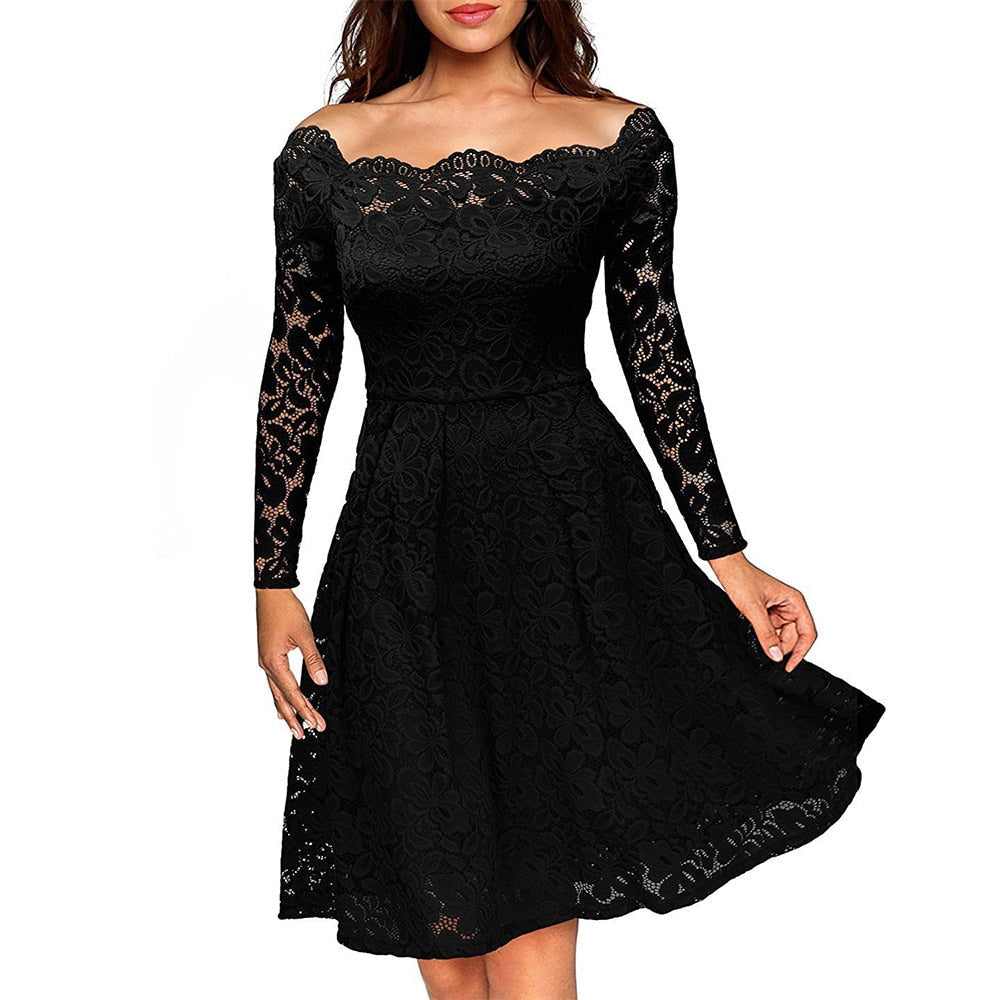 Long Sleeve Slash Neck Lace Dress