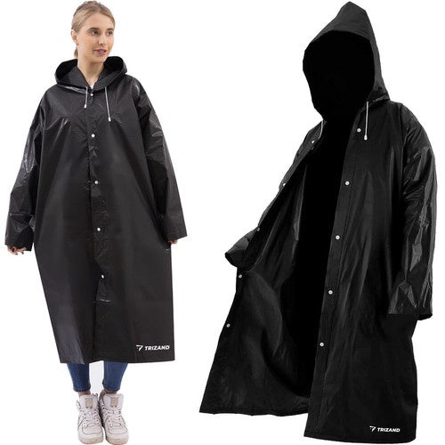 Long Unisex Black Rain Jacket with Hood