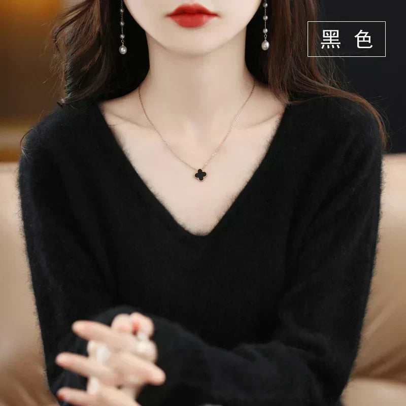 LunaWeave 100% Cashmere V-Neck Sweater For Women Slim Fit