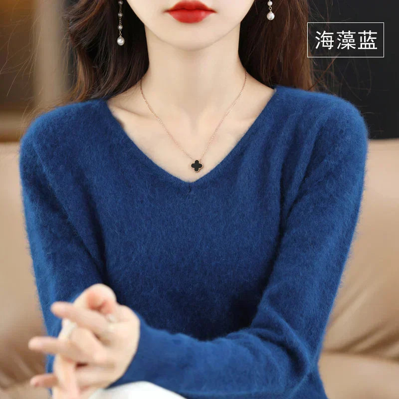 LunaWeave 100% Cashmere V-Neck Sweater For Women Slim Fit