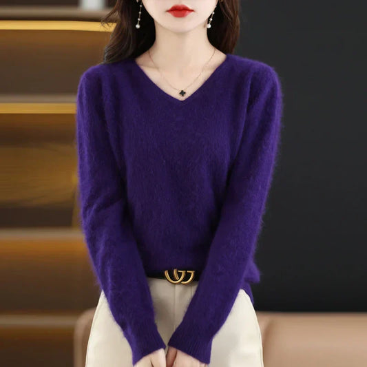 LunaWeave 100% Cashmere V-Neck Sweater For Women Slim Fit