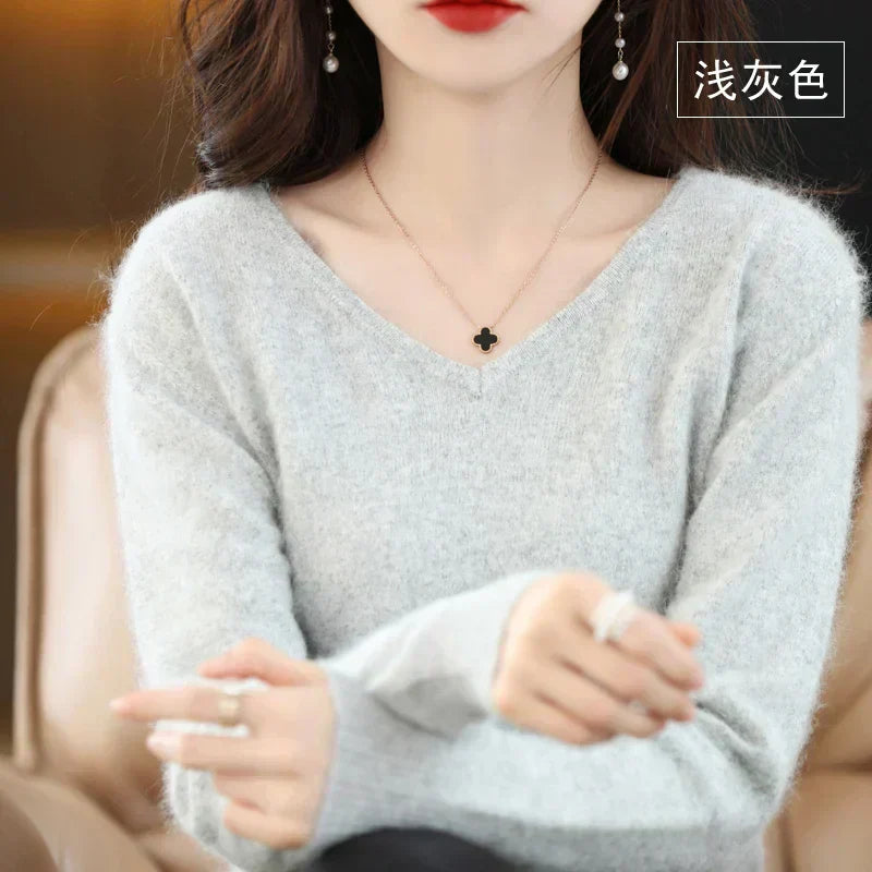 LunaWeave 100% Cashmere V-Neck Sweater For Women Slim Fit