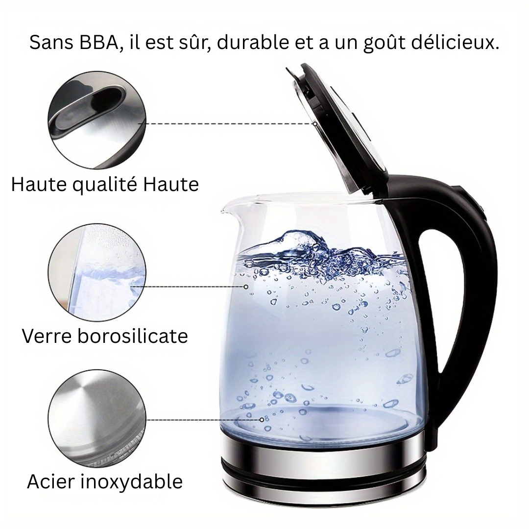 Luxury Glass Electric Kettle AquaElegance | Rapid Boil 2L with LED Light, Automatic Shut-off and Boil-Dry Protection for Safe and Stylish Use in the Kitchen
