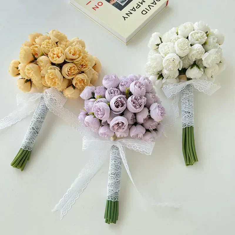 Lyra Silk Peony Bouquet With 27 Realistic Blooms In Romantic Tones