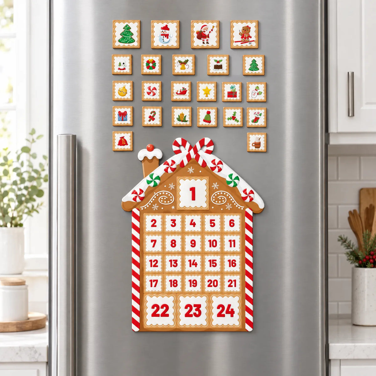 Calendrier de l’Avent maison en pain d’épices magnétique - Calendrier de l’Avent pour réfrigérateur avec 24 aimants de Noël, 37.5 x 28.5 cm