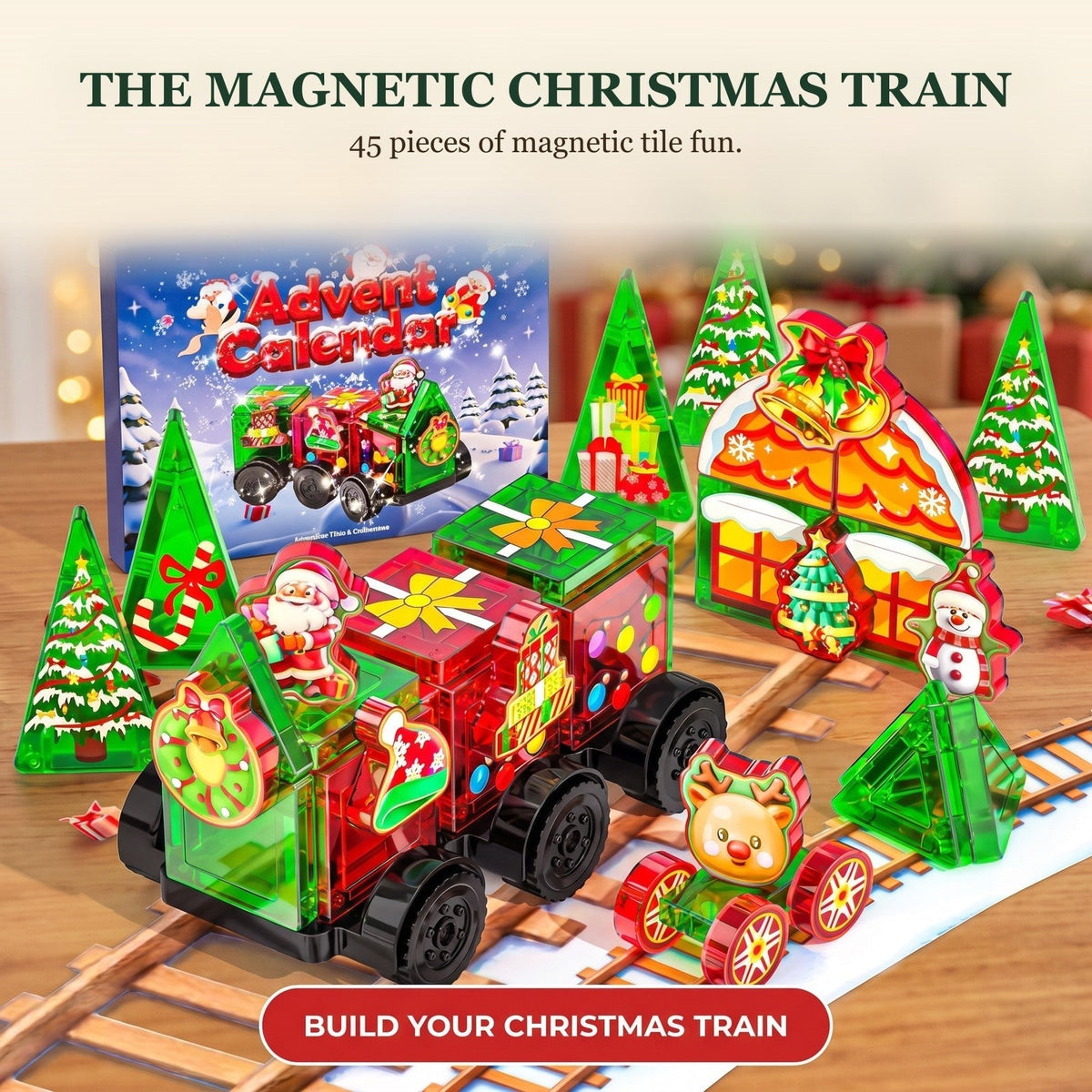 Christmas Magnetic Tiles Advent Calendar, 45-Piece Train Building Set