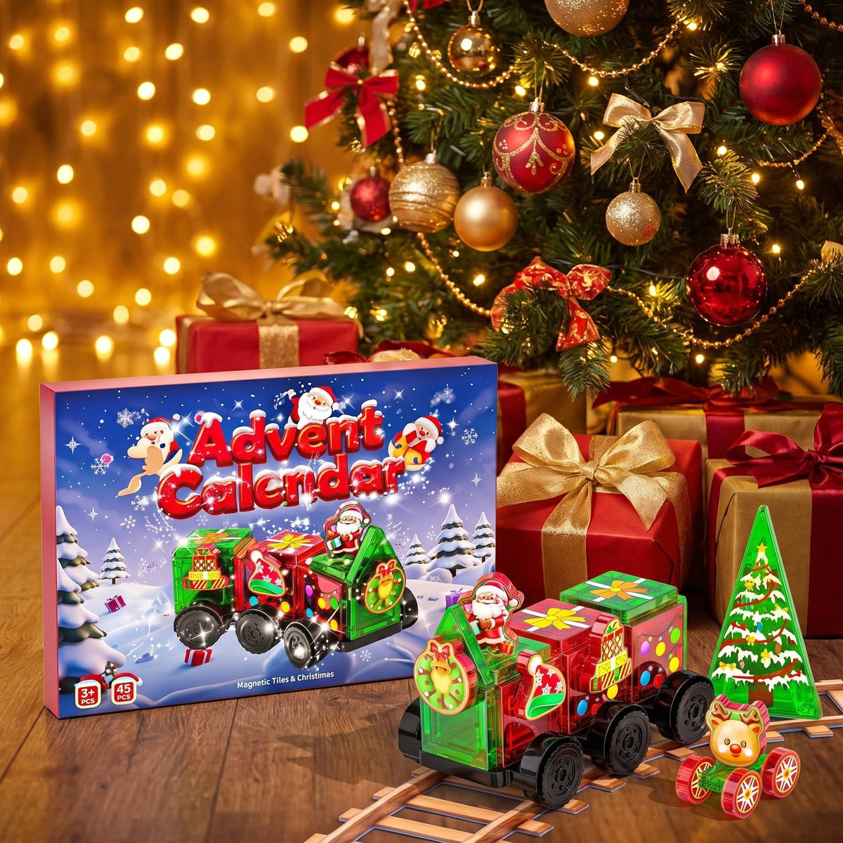 Christmas Magnetic Tiles Advent Calendar, 45-Piece Train Building Set