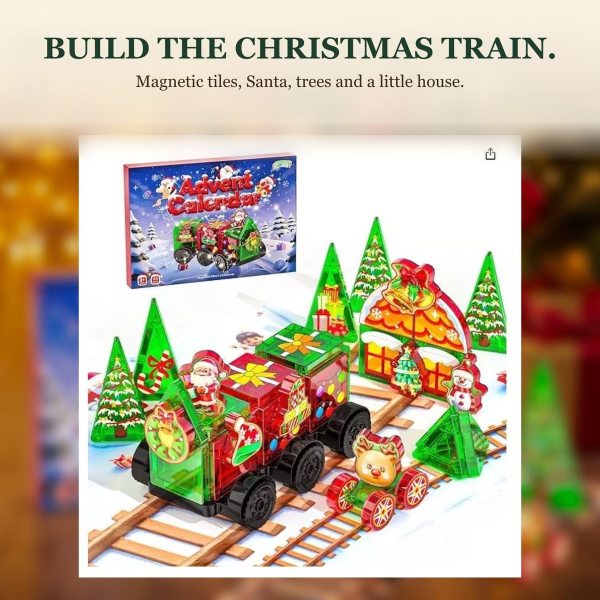 Christmas Magnetic Tiles Advent Calendar, 45-Piece Train Building Set