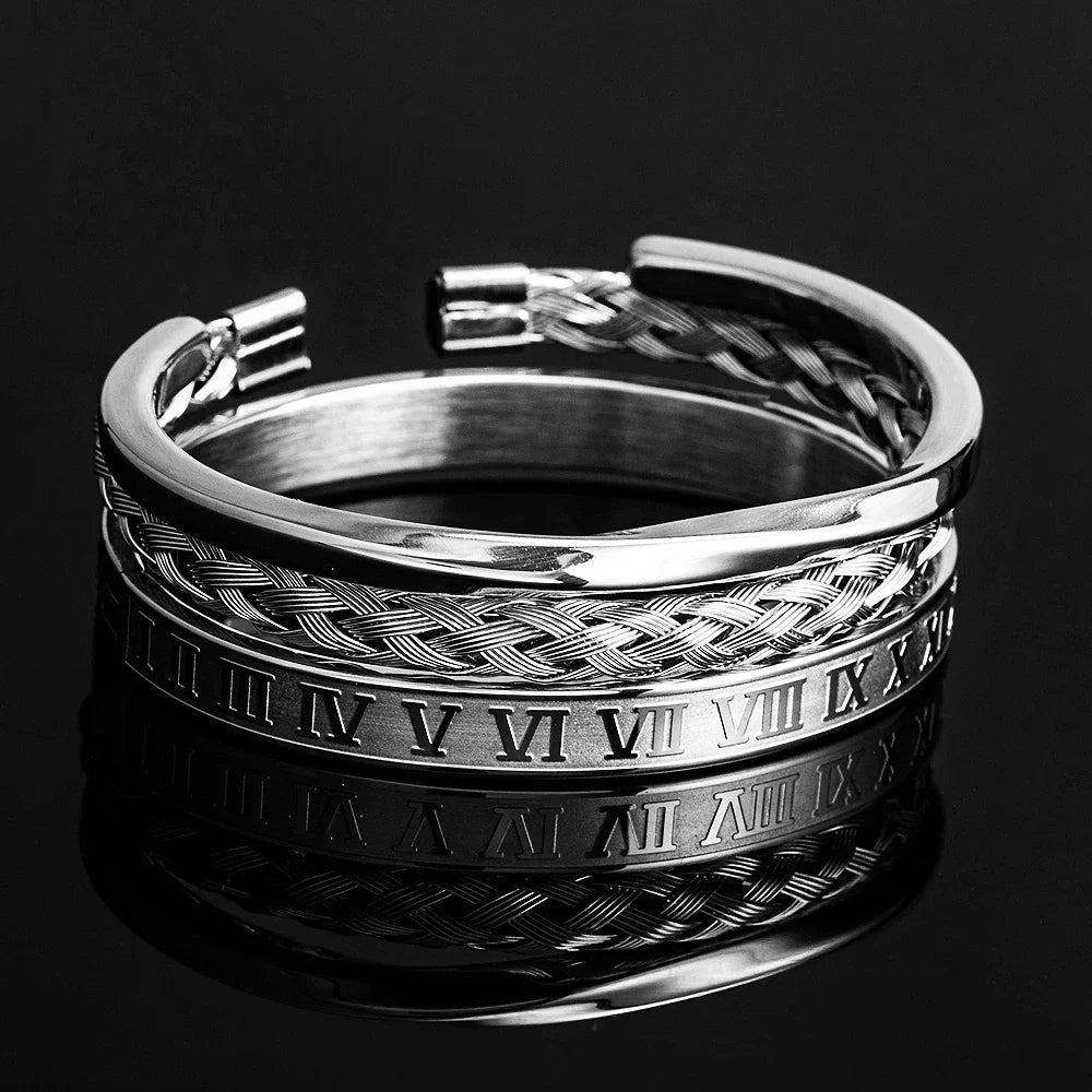Men's Bracelet Set with Roman Numerals and Braided Design