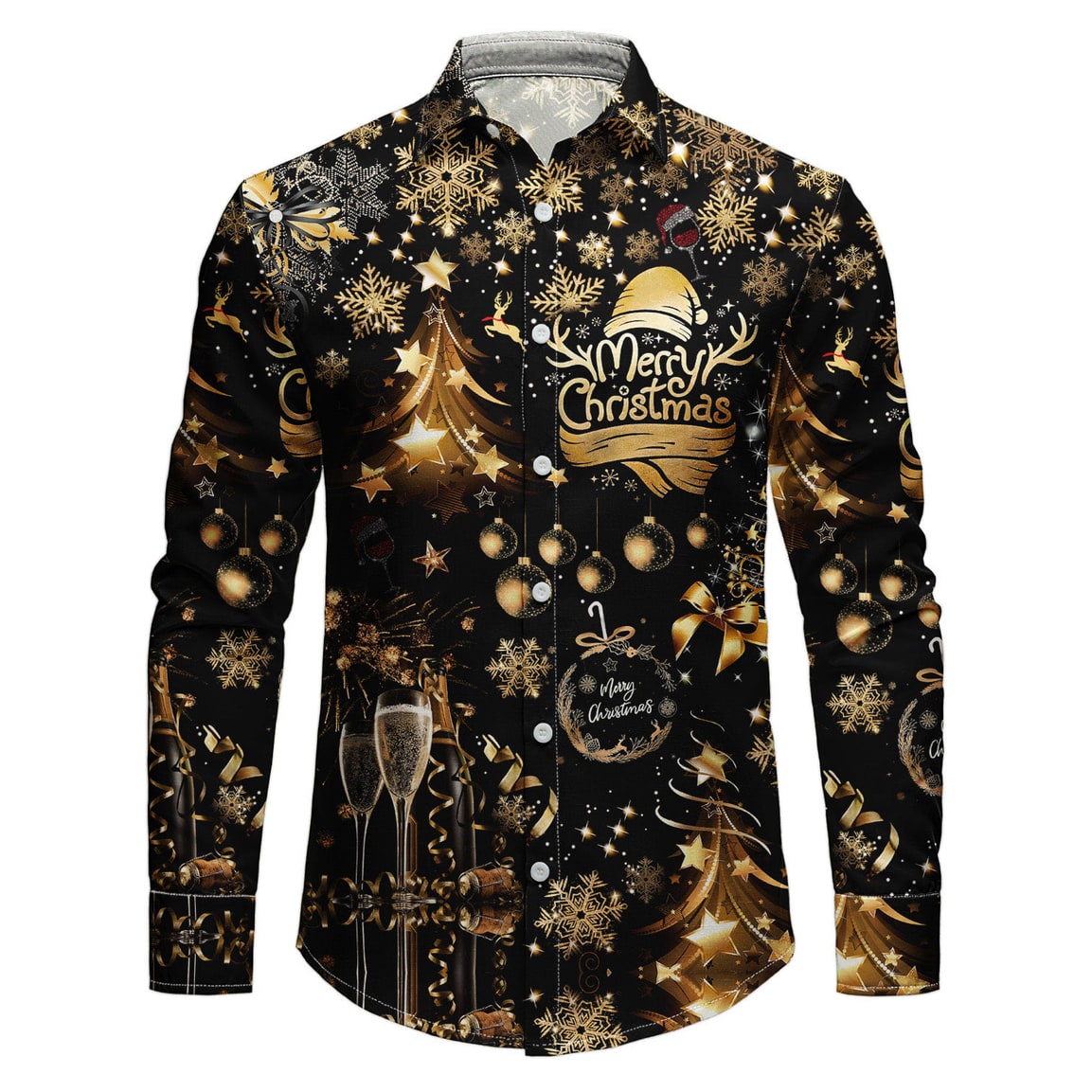 Men's Christmas Shirt with Funny Holiday Print, Spread Collar and White Button-Up Front