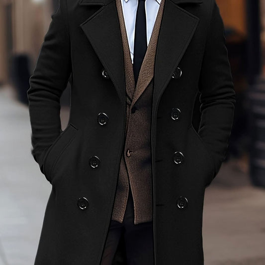 Long manteau croisé pour hommes en laine et à coupe ajustée