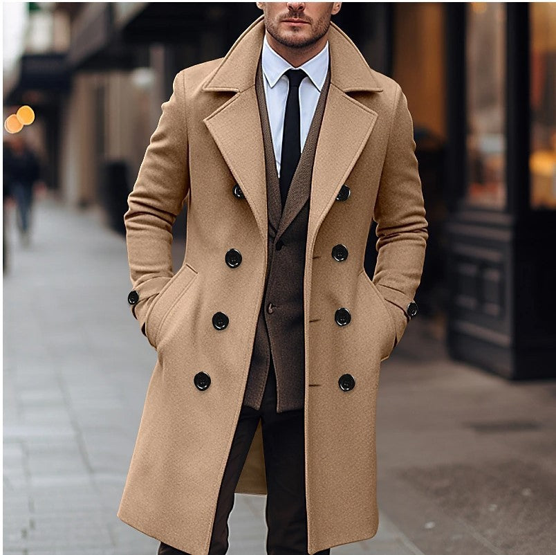 Men's Elegant Double-Breasted Wool Coat with Wide Lapels and Tailored Business Cut