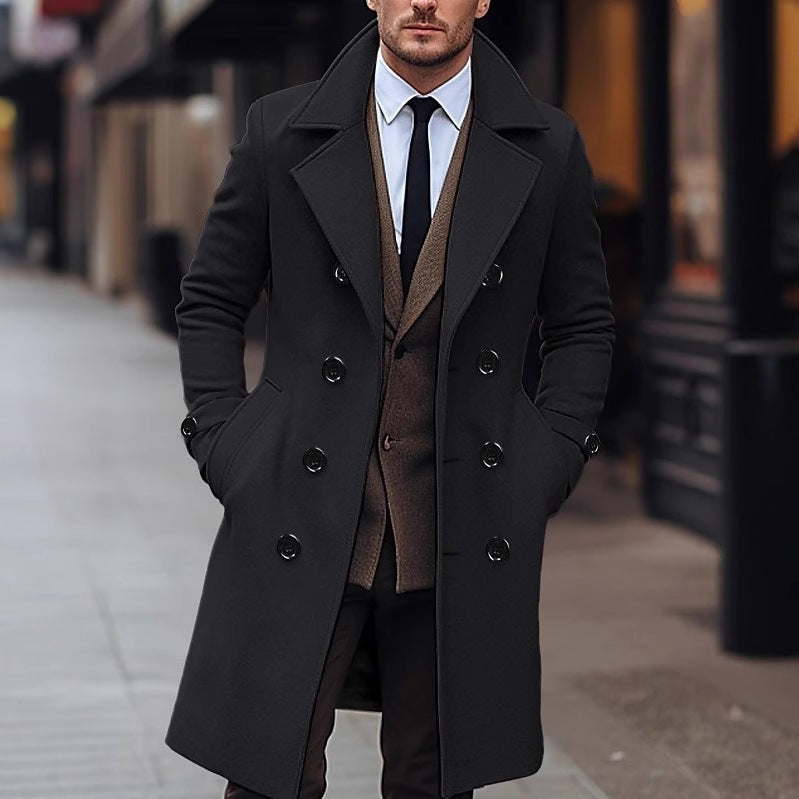 Men's Elegant Double-Breasted Wool Coat with Wide Lapels and Tailored Business Cut