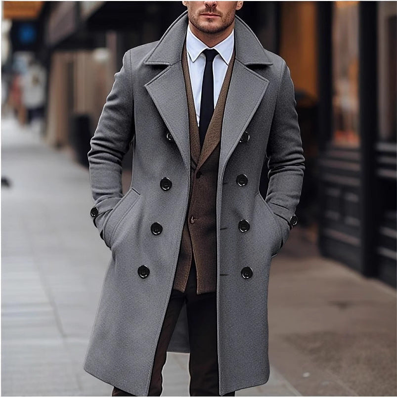 Men's Elegant Double-Breasted Wool Coat with Wide Lapels and Tailored Business Cut