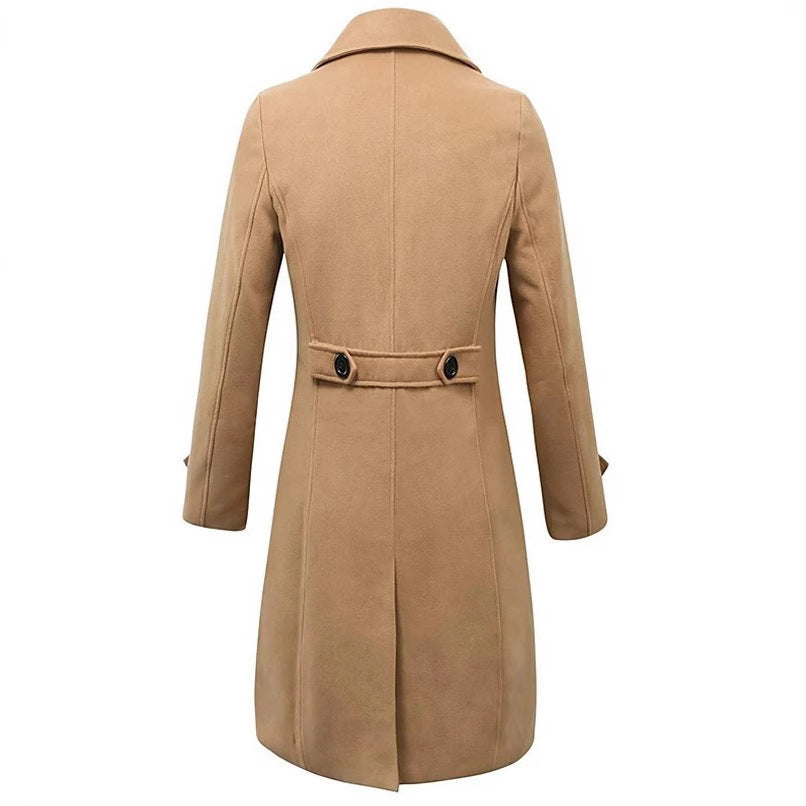 Men's Elegant Double-Breasted Wool Coat with Wide Lapels and Tailored Business Cut
