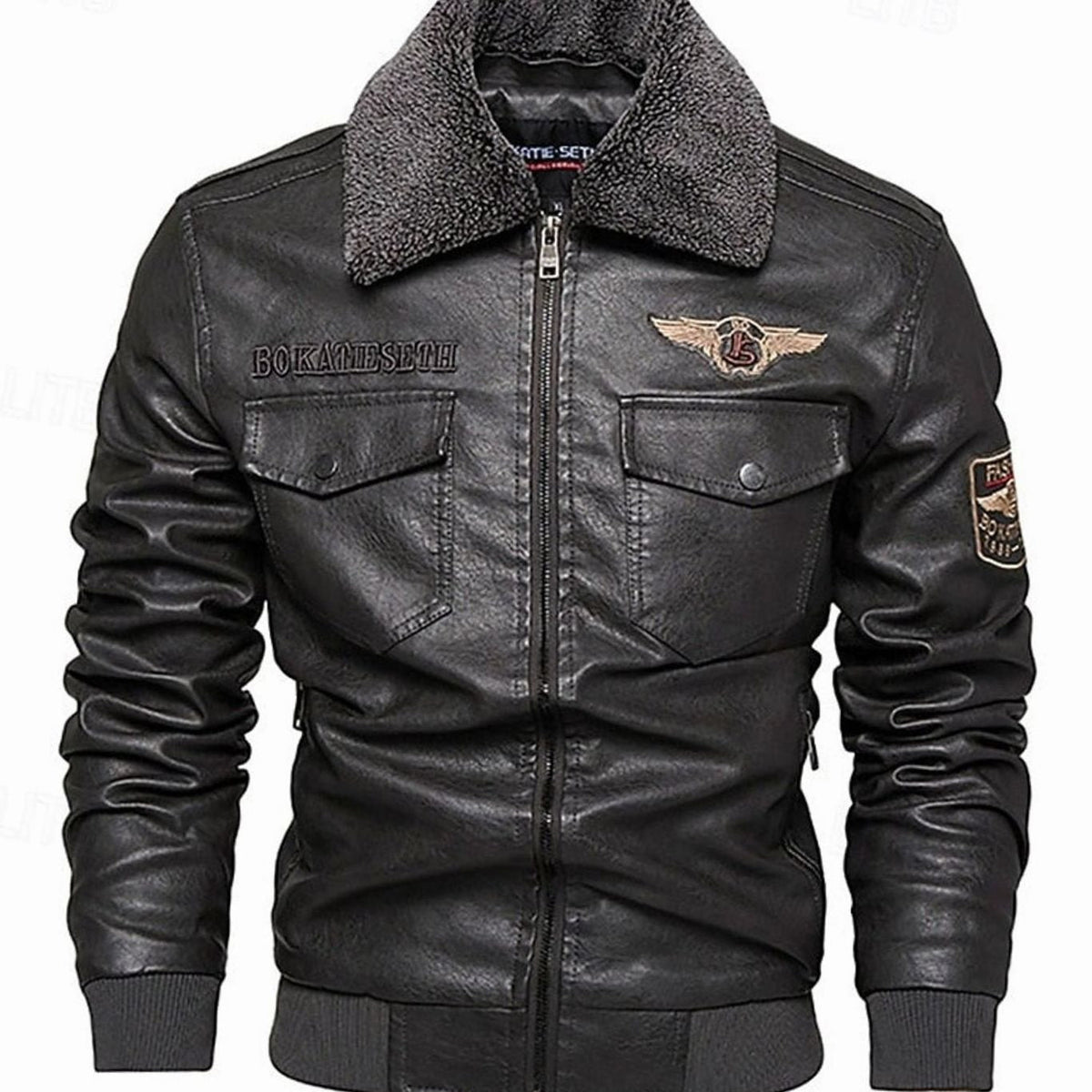 Men's Faux Leather Aviator Bomber Jacket with Sherpa Collar
