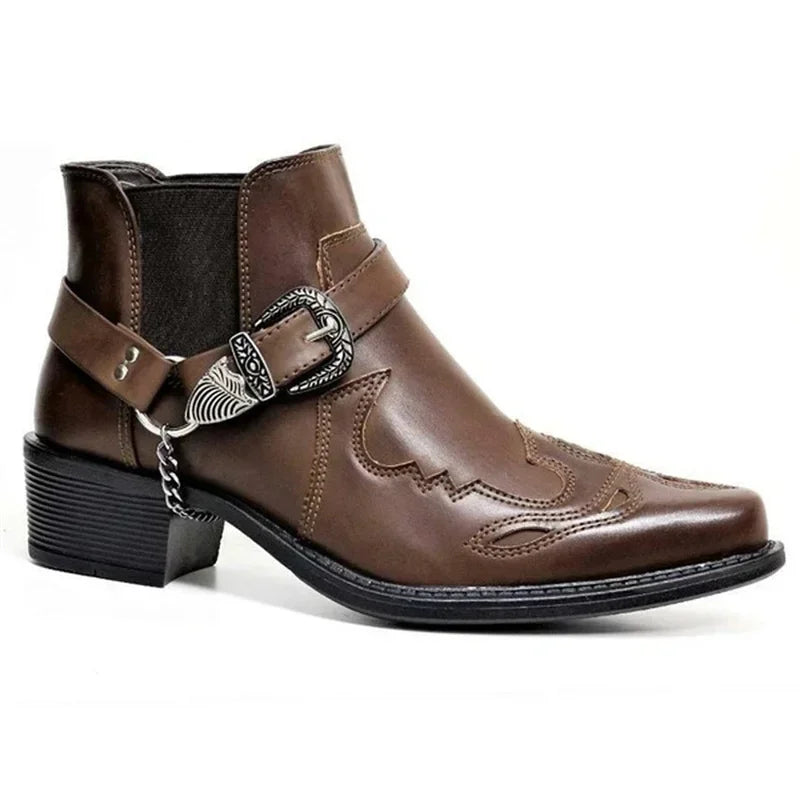 Bottes de cowboy montantes pour homme en similicuir, avec chaîne