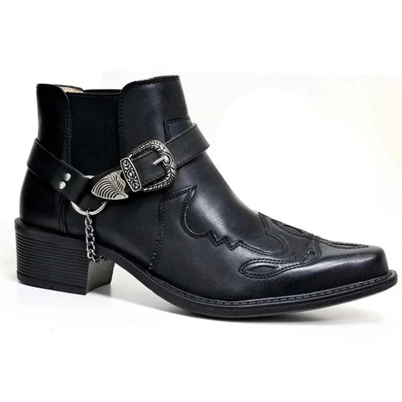 Bottes de cowboy montantes pour homme en similicuir, avec chaîne