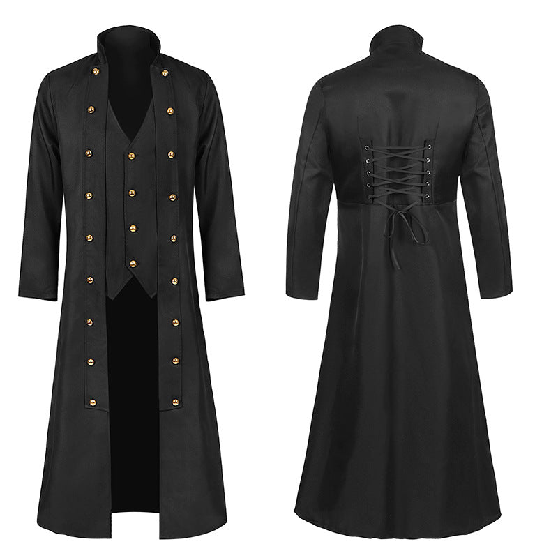 Redingote ajustée pour homme avec gilet intégré, laçage au dos à la taille et boutons décoratifs à double rangée