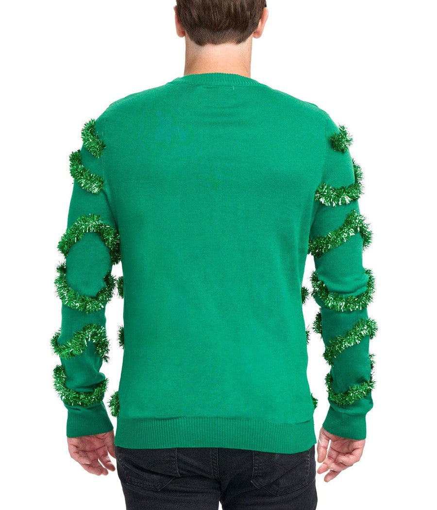 Men's Green Christmas Tree Sweater with Tinsel Garland and Shiny Baubles