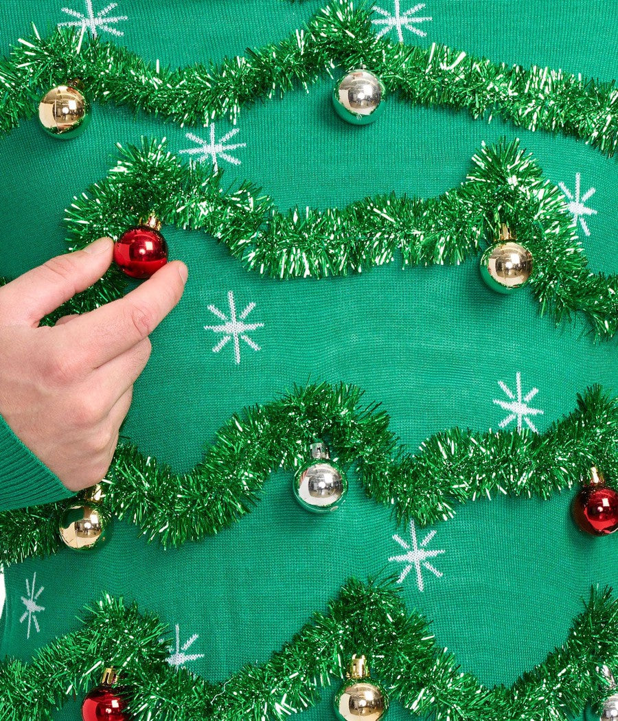 Men's Green Christmas Tree Sweater with Tinsel Garland and Shiny Baubles