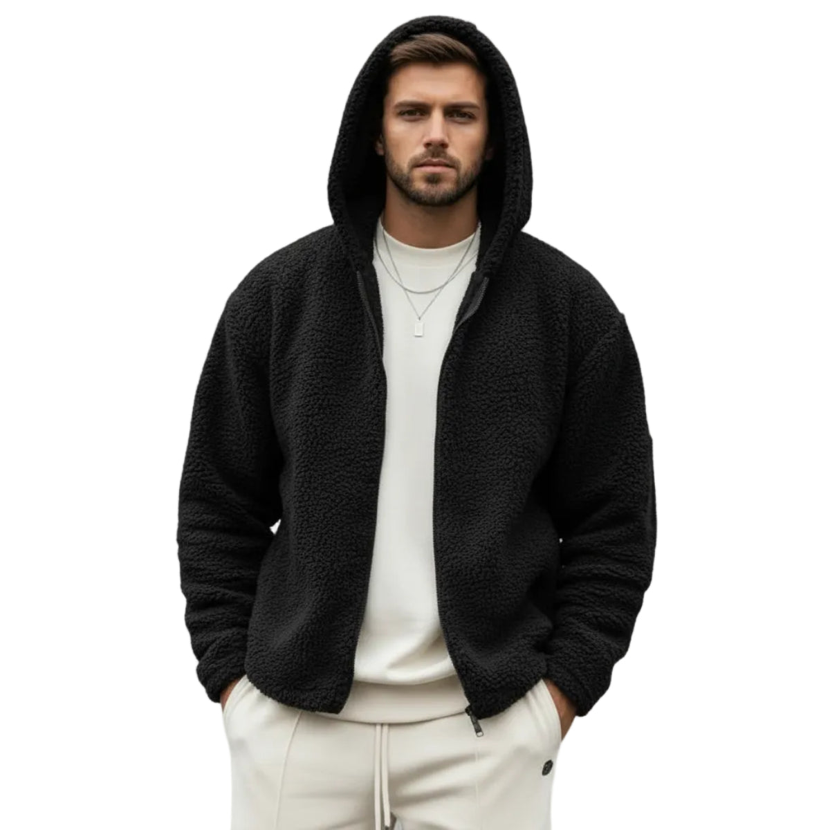 Men's Hooded Fleece Jacket | Front Zip & Side Pockets | Long-Sleeve Layer for Everyday Cold-Weather Wear