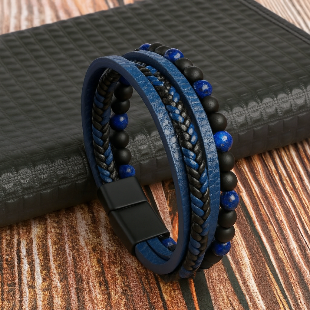 Men's Layered Leather and Stone Bead Bracelet