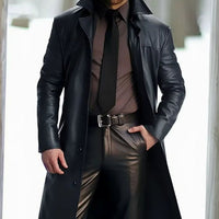 Men's Long Button-Front Faux Leather Trench Coat