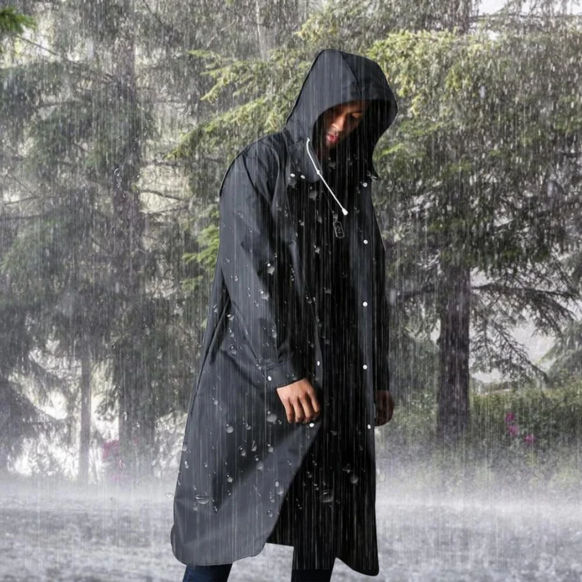 Men's Long Raincoat – Waterproof & Breathable Protection with Hood