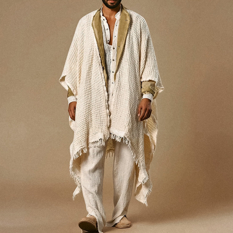 Poncho ample ouvert sur le devant pour homme, en coton et lin, avec franges